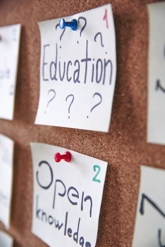 Pinned notes on a corkboard regarding education and open knowledge.