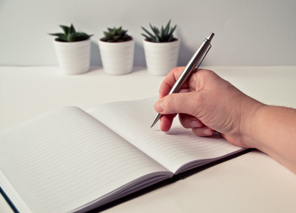 Handwriting in a lined notebook placed on a table with succulent plants in the background.